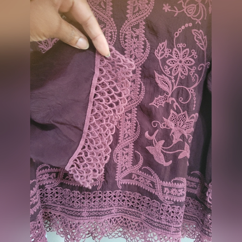 Johnny Was Embroidered V-Neck Top - Burgundy - Picture 2 of 14